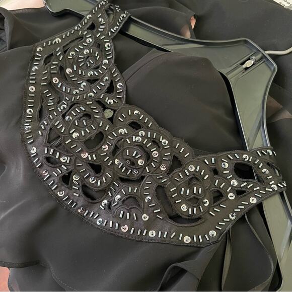 Black Sequin Beaded Yoke Tiered Sleeveless Dress Size 10 - Picture 10 of 11